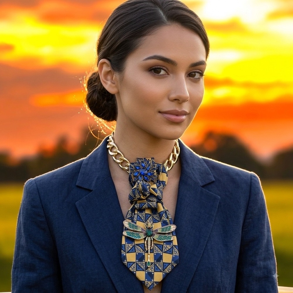 Henry Grethel Repurposed Silk Tie Necklace Set Dragonfly Brooch Gold Tone Chain